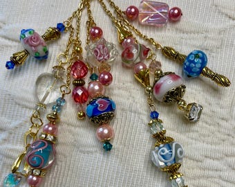 8, #8 Pink & Blue Journal Planner Purse Dangles, Crystal Czech Lampwork Murano Charm Beads