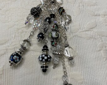 12, #12 Black  Journal Planner Purse Dangles, Crystal Czech Lampwork Murano Charm Beads