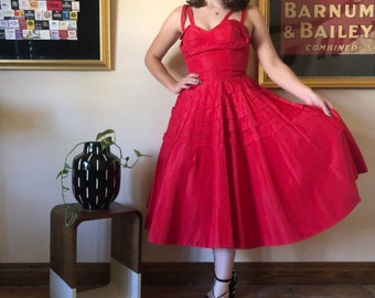 1950’s Lipstick Red Taffeta Evening Gown with Full Circle Skirt and Strappy Bust Detail