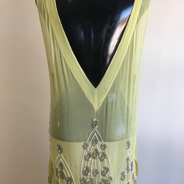 1920s dress, 1920s yellow flapper, beaded gown, yellow boho dress