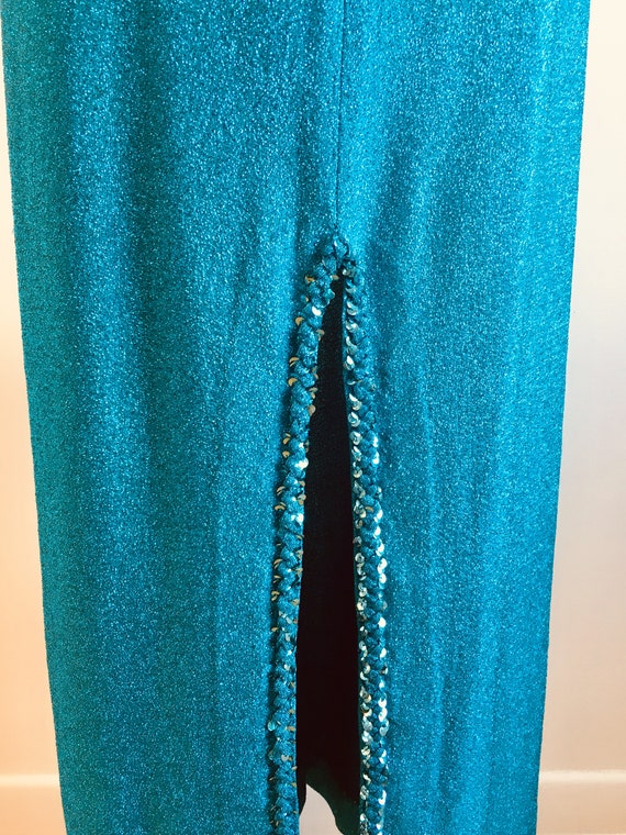 1980s Long Blue Glitter Dress with high slit, 80s… - image 2