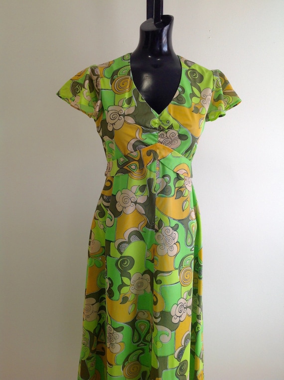 Vintage 1970s Colorful Print Long Dress, Groovy 19
