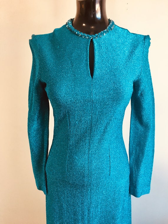 1980s Long Blue Glitter Dress with high slit, 80s… - image 3
