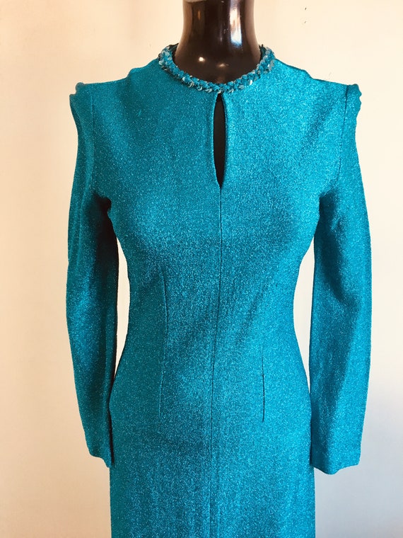 1980s Long Blue Glitter Dress with high slit, 80s