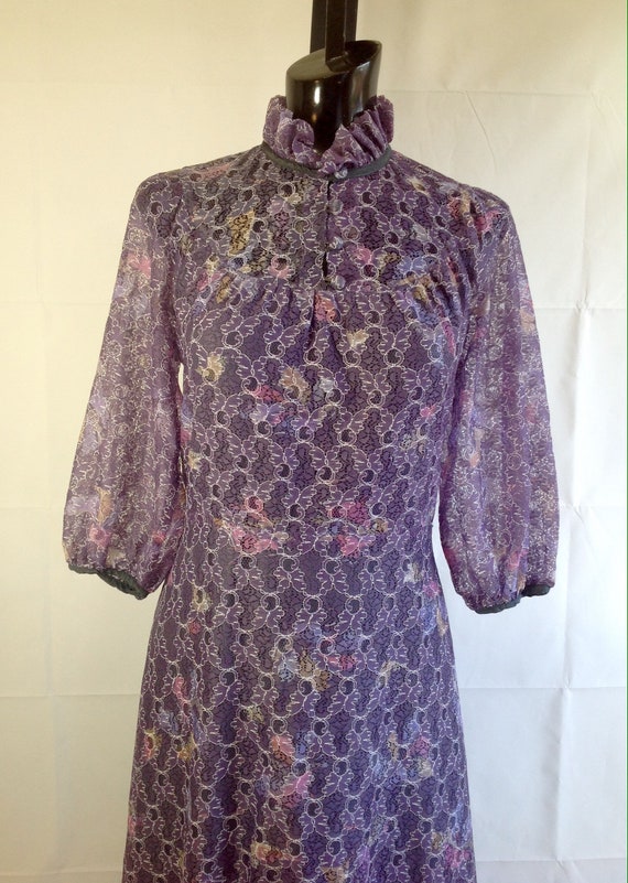 1970s high collar Floral Print Formal Dress - image 1