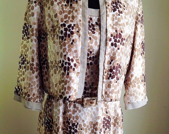 Vintage Silk Print Dress, Animal Print Dress Set, 1960s Brown and white silk dress with jacket