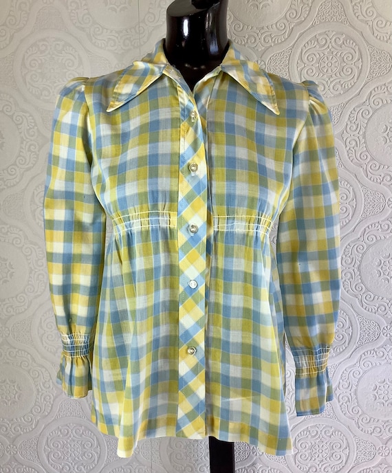 70s Stylerite Plaid Blouse, Yellow, blue, and whi… - image 1