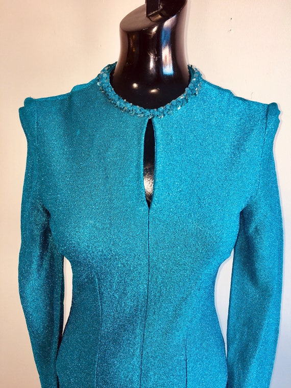 1980s Long Blue Glitter Dress with high slit, 80s… - image 1