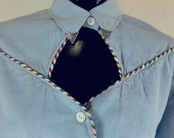Blue Western Ladies Keyhole Blouse, Country Shirt