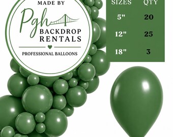 May include: A collection of dark green balloons in various sizes, including 5-inch, 12-inch, and 18-inch options. A circular logo reads Made by Pgh Backdrop Rentals Professional Balloons. A chart lists quantities of 20, 25, and 3 for each size.