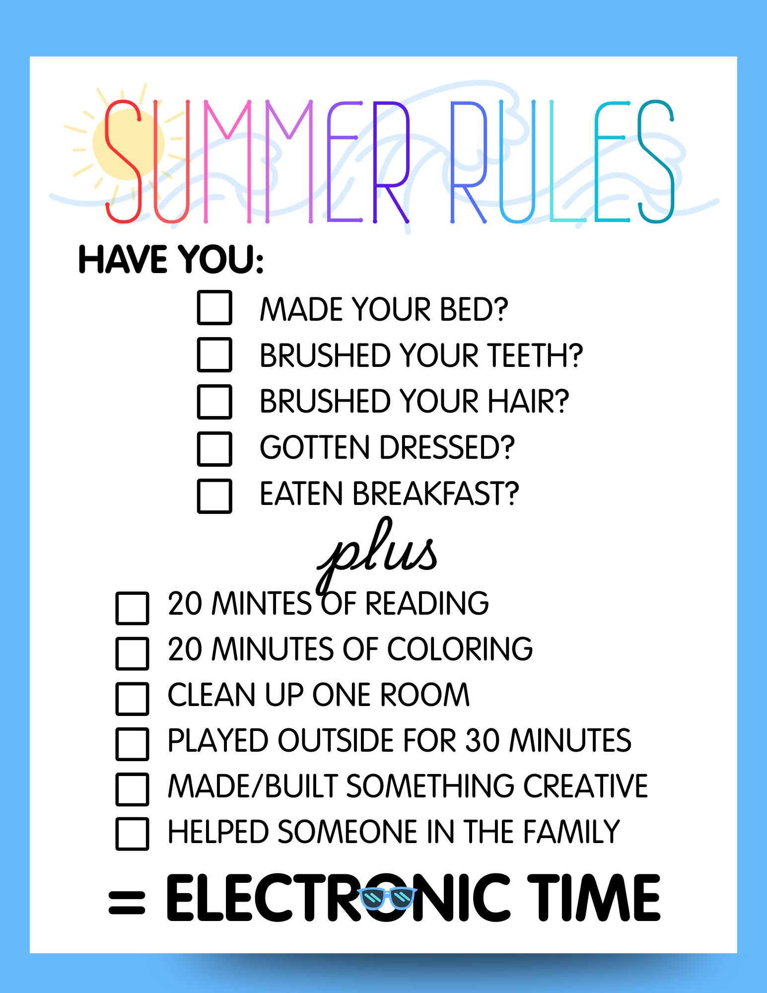 Downloadable Summer Rules + Summer Bucket List for summer fun and activity ideas