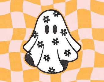 Retro Halloween Ghost with Flowers and Checkered Background pack Digital Download PNG brown/white, teal/white, orange/white, pink/orange