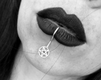 Pentagram lip cuff, witchy lip ring, fake lip piercing, non pierced pentacle ring, evil star jewelry, occult, gothic, pagan, chin jewelry