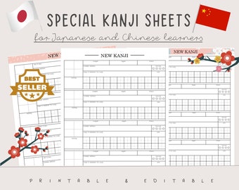 Kanji Practice Sheet Printable // For Japanese and Chinese learners // Printable in Letter, A5 & A4 size