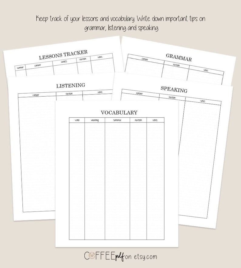 Universal Language Study Pack // Printable in Letter and A5 size // Language Printable Tracker with Dotted grid // Language Planner image 3