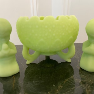 Retro Authentic Fenton, Lime Green Satin Custard Glass Orange Tree Footed, Rose Bowl with Praying Boy & Girl, Candy Bowl, Figurines
