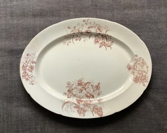 Brown transferware platter with floral design