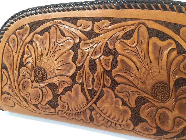 Tooled leather clutch vintage large zippered purse