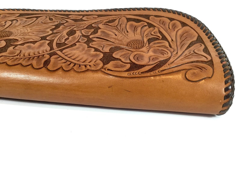 Tooled leather clutch vintage large zippered purse
