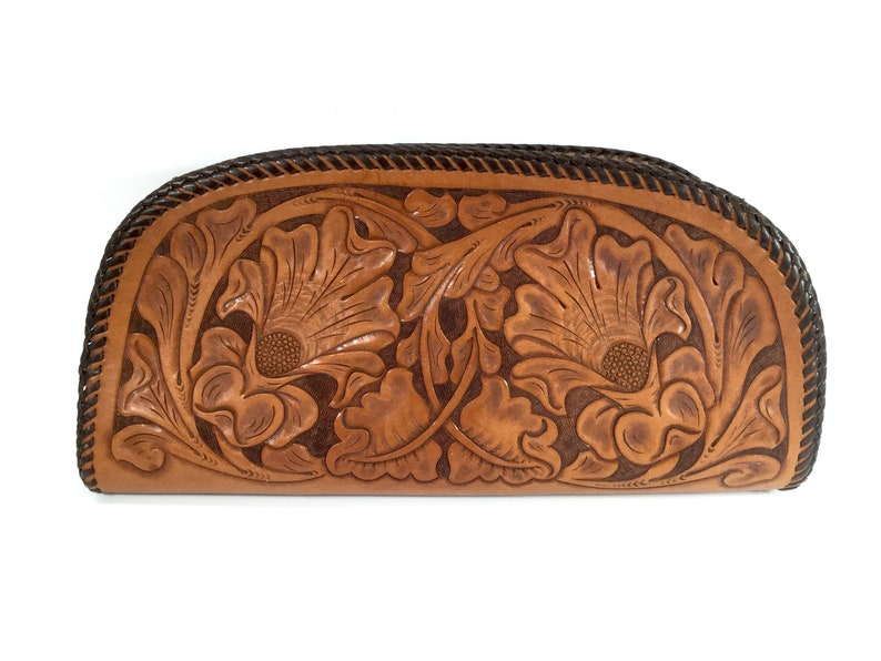 Tooled leather clutch vintage large zippered purse