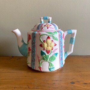 Brownhills Pottery Teapot, blue pink floral teapot, Aesthetic Movement Majolica 1920s