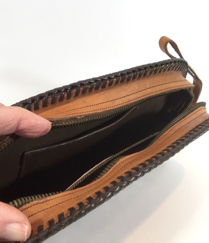 Tooled leather clutch vintage large zippered purse
