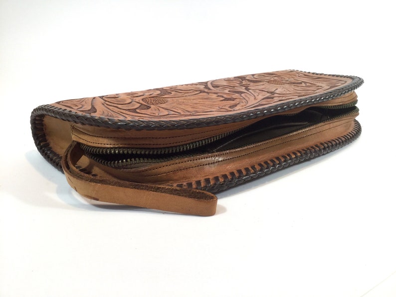 Tooled leather clutch vintage large zippered purse