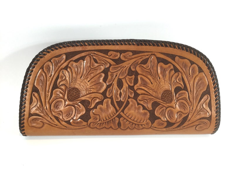 Tooled leather clutch vintage large zippered purse