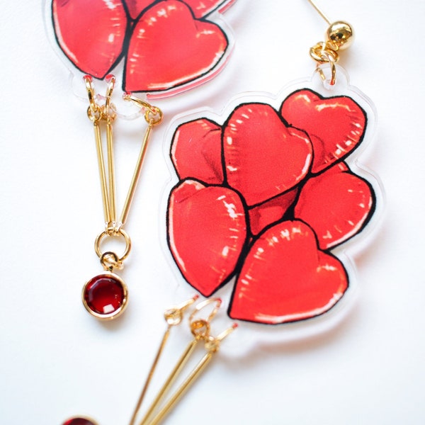 Heart Balloon Costume Jewelry Red Heart Baloon Kitsch Earrings Valentine Earrings Large Heart Funky Earrings