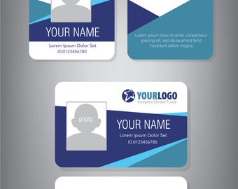 May include: Three different ID card designs with a blue and white color scheme. Each card features a star logo, a placeholder for a photo, and the text "YOURLOGO", "YOUR NAME", "Lorem Ipsum Dolor Set", and "ID.0123456780".