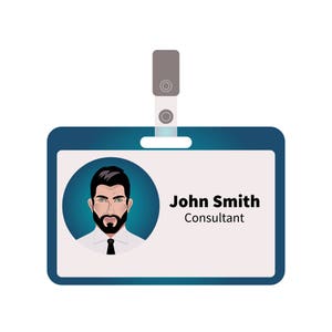 May include: Blue plastic ID card with a photo of a man with a beard and the text "John Smith, Consultant".
