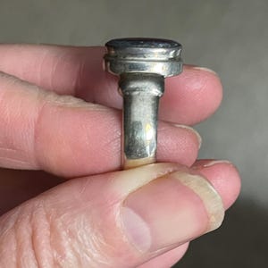 May include: A silver ring with a large, oval-shaped, dark-colored stone. The ring has a thick band and a decorative setting around the stone. The ring is held up by a person's fingers.