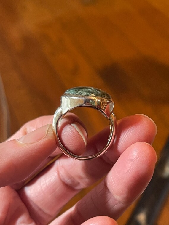 Seraphinite Ring, Size 9, Chunky Sterling Silver Band, Angel's Wings Stone View 5