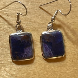May include: A pair of silver earrings with rectangular purple and brown stone accents.