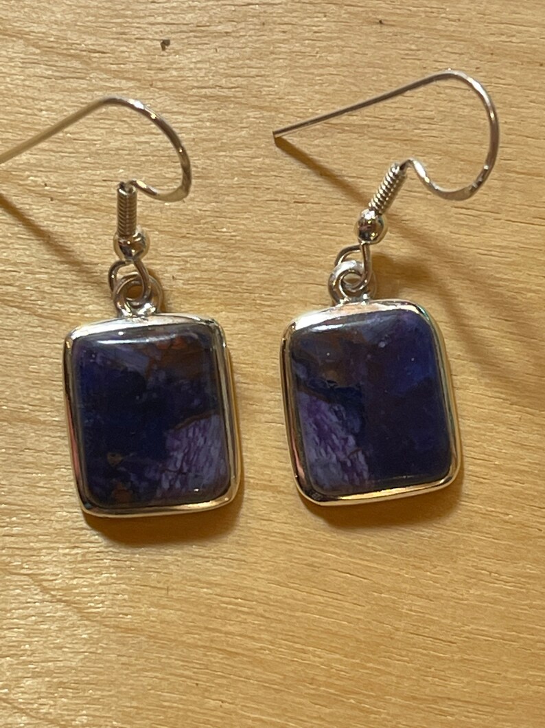 May include: A pair of silver earrings with rectangular purple and brown stone accents.