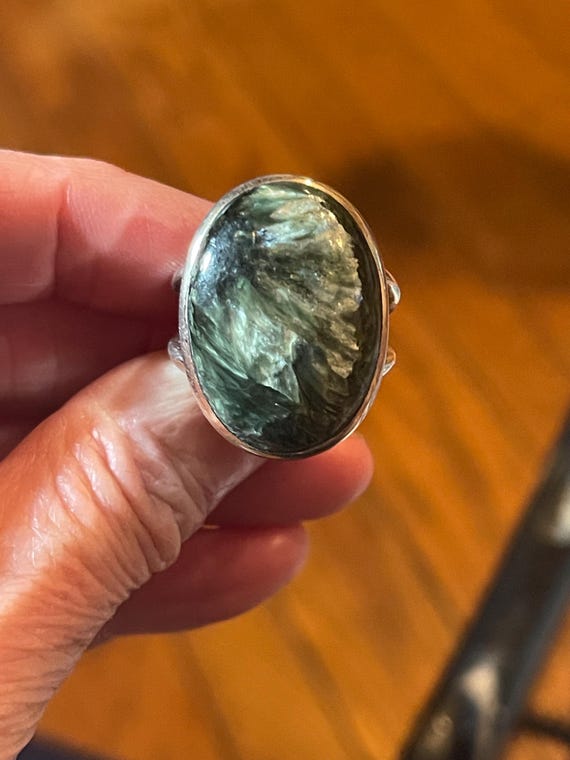 Seraphinite Ring, Size 9, Chunky Sterling Silver Band, Angel's Wings Stone View 2