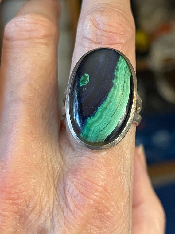 Azurite Malachite Ring Size 9 in Solid Sterling Silver.  Two contrasting stones in one. Higher thinking, heart protector, wisdom