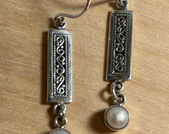 Balinese Sterling Silver work Pearl Dangle Earrings