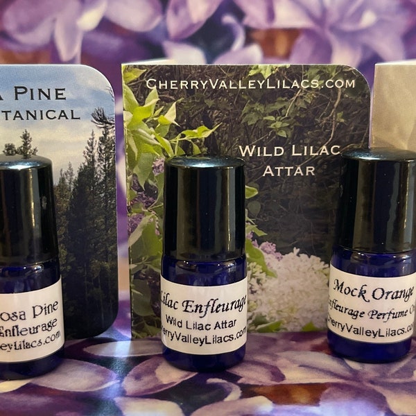 Gift Sampler, 3 Most Loved Perfume Oils. Wild Lilac Attar, Ponderosa Pine, and Philadelphus aka Mock Orange, 2 ml each w/Roller Ball