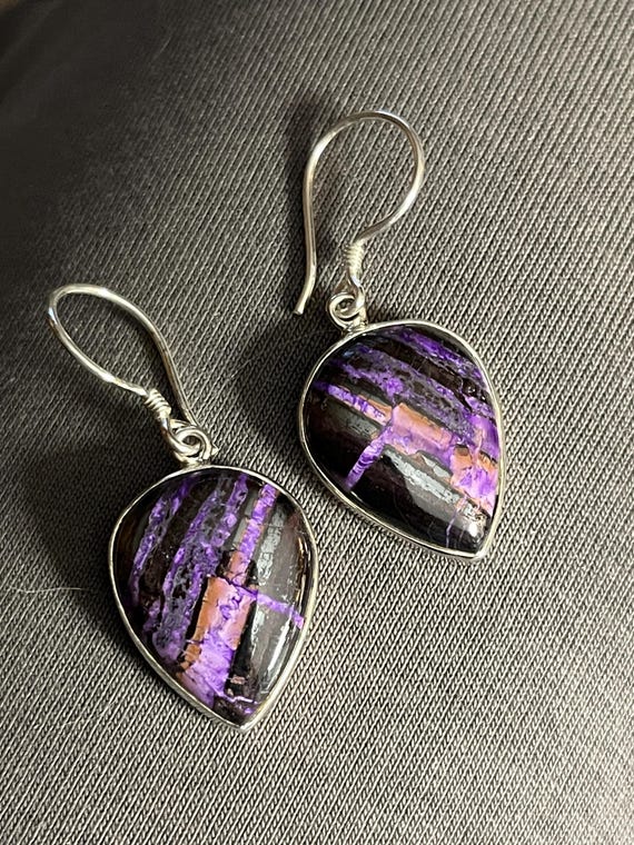Purple Sugilite Sterling Silver Earrings, Inverted Teardrop Dangle