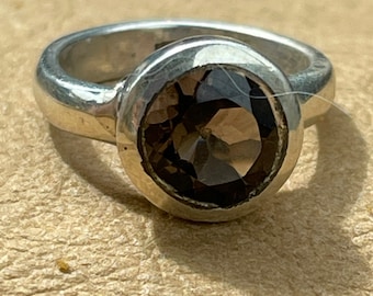 Rare Faceted Smokey Quartz in Solid Sterling Silver Ring Size 4.5