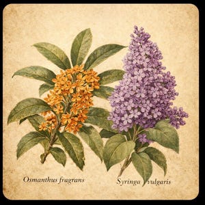 May include: Vintage botanical illustration featuring two flowering plants: Osmanthus fragrans with orange blossoms and Syringa vulgaris with purple blooms. The image has a sepia-toned background and includes the scientific names of the plants.