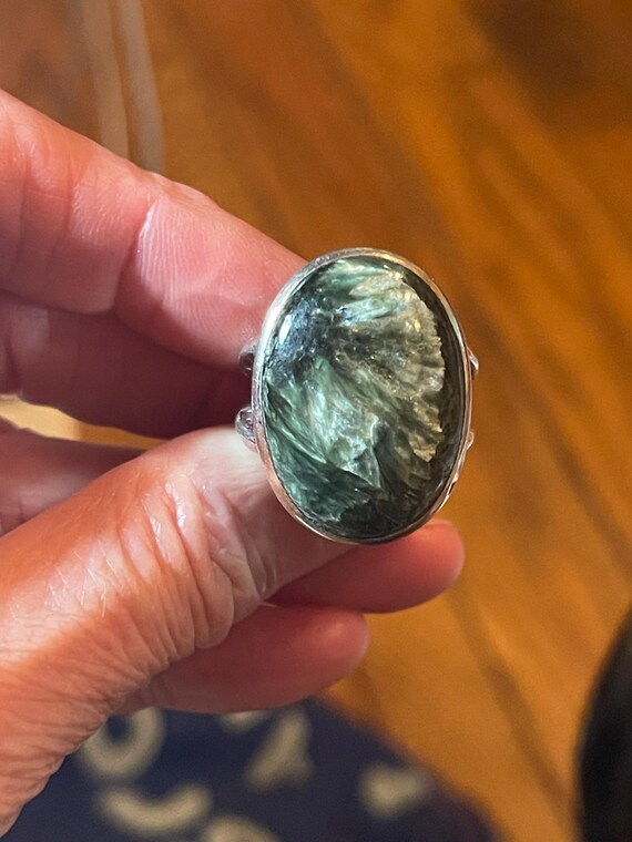 Seraphinite Ring, Size 9, Chunky Sterling Silver Band, Angel's Wings Stone View 6