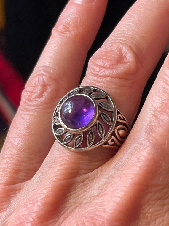 Bague Ancienne En Argent Avec Cabochon D'améthyste - Taille 51, Métal Argent Sterling, Très Bon état