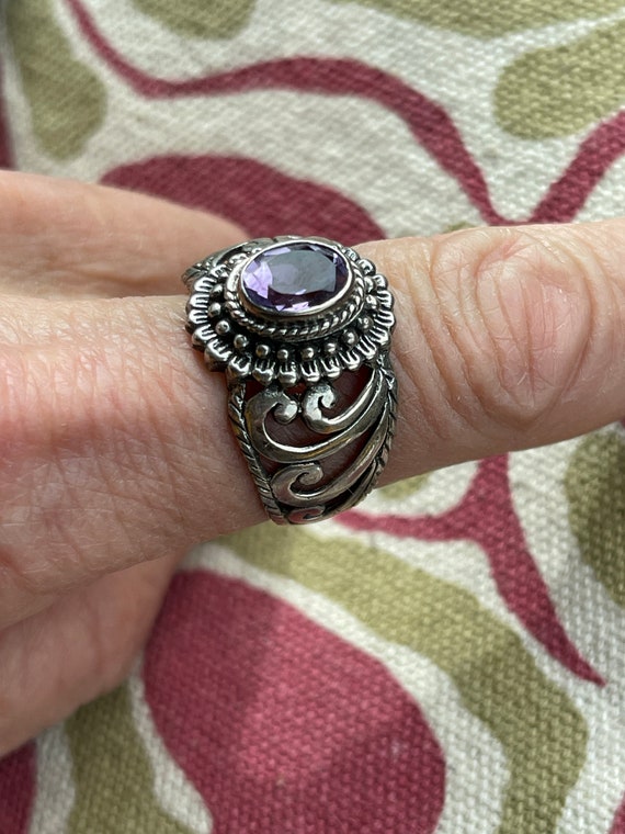 Purple Lilac Amethyst Ring Size 9, Ornate Vintage 