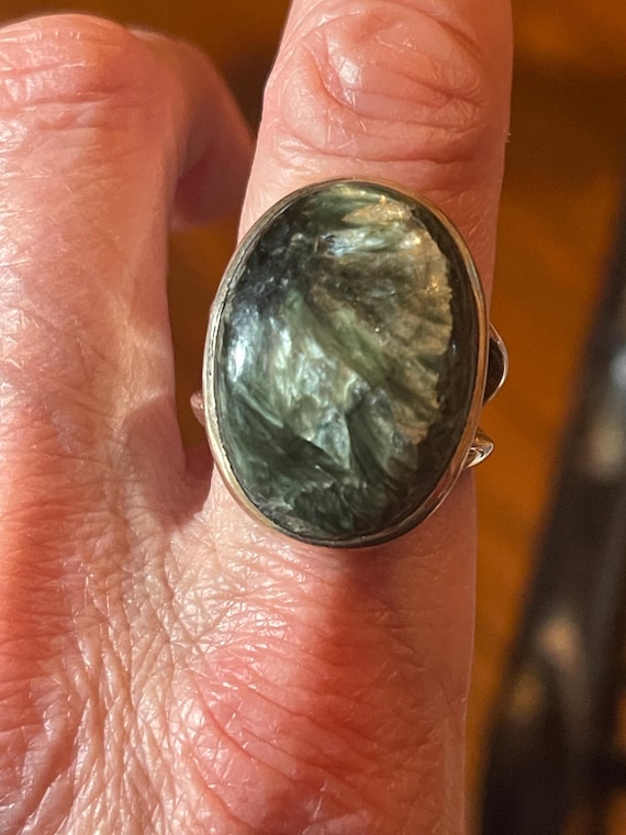 Seraphinite Ring, Size 9, Chunky Sterling Silver Band, Angel's Wings Stone