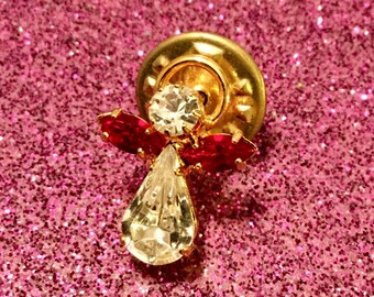 Red and White Rhinestone Angel Pin