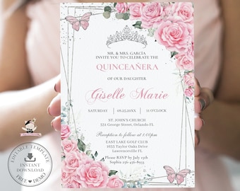 Pink Floral Roses Silver Quinceañera Invitation EDITABLE TEMPLATE, Mis Quince 15 Anos Sweet 16th Birthday Instant Download Printable, QC24