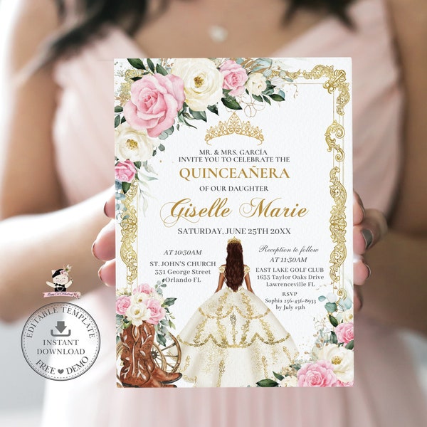 EDITABLE Pink Ivory Floral White Dress Charro Boots Brown Princess Gold Quinceañera Invitation Quince 15 XV Sweet 16 Birthday Download QC25