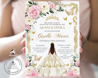 EDITABLE Pink Ivory Roses Floral White Dress Brown Princess Quinceañera Invitation Mis Quince 15 XV Sweet 16 Birthday Download Digital QC25